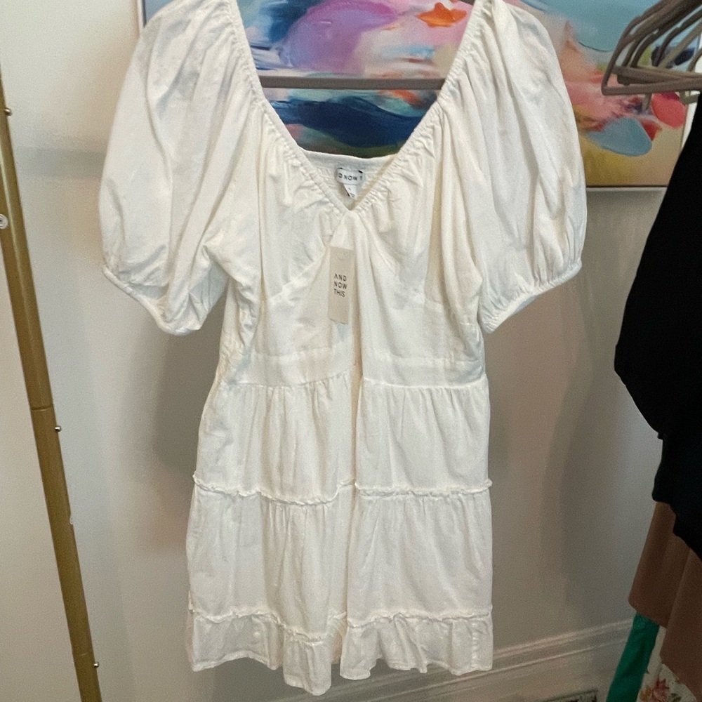 White Puff Sleeve Dress Large NWT boho Cottagecore wedding shower date